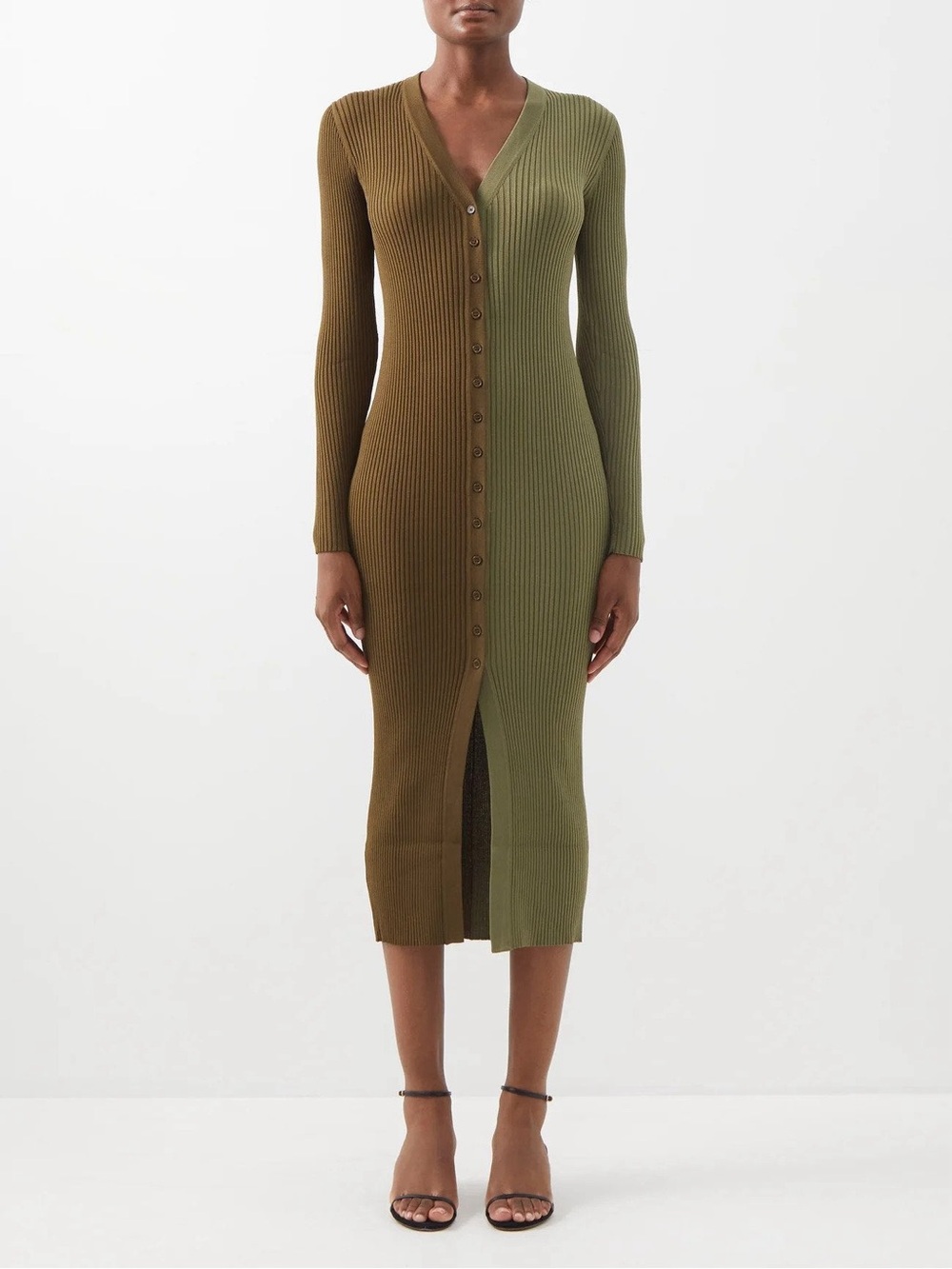 STAUD Shoko Two-Tone Olive Brown Ribbed Button-Front Midi Dress Medium